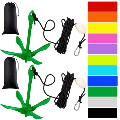Lounsweer 2 Pack Marine Kayak Anchor Kit Grapnel Anchor Kit Folding Grapnel Anchor Boat Anchor with Foldable Claw Kayak Fishing Accessories for Small Boats Kayak Canoes Paddle, 1.5lbs(Dark Green)