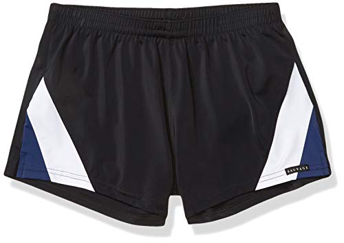 Sauvage Men's European Nylon Lycra 80s Color Block Swim Trunk, Black White Navy, Large