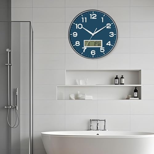Image of AKCISOT Wall Clock 12 Inch, Non-Ticking Silent Battery Operated Analog with LCD Display for Perpetual Calendar and Temperature, Ideal Modern Decor for Home, Bedroom, Kitchen, Office (Blue)