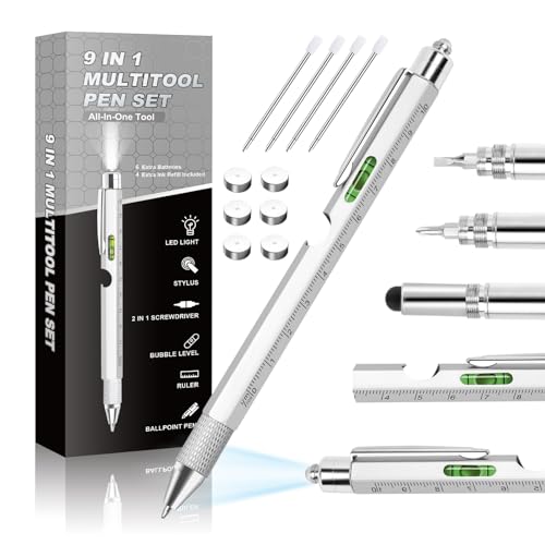 Pen Gifts for Men, Cool Gadgets 9 in 1 Multitool Pen, Stocking Stuffers for Men Women, Useful Gadgets Gift for Him Dad Husband Women on Christmas, Valentine's Day, Father's Day, Birthday (Silver-S)