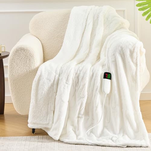 greenoak Heated Electric Blanket Throw Faux Fur Sherpa Heating Blanket for Sofa Bed Warm Winter Gifts for Women/Men Heater Lap Blankets 5-Position Timer &10 Heating Levels 50*60 Whtie