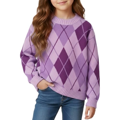 Girls Sweater Colorful Patterned Crewneck Long Sleeve Knit Pullover, Purple Argyle, 12Y