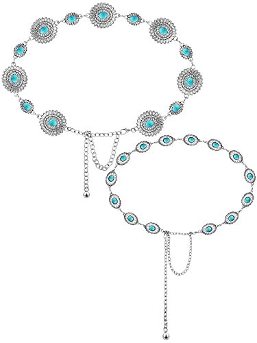 Epakh Concho Chain Belt for Women Western Silver Oval Turquoise Adjustable Metal Waist Belts Dress Jeans Country Concert(Classic Style,2 Pieces)