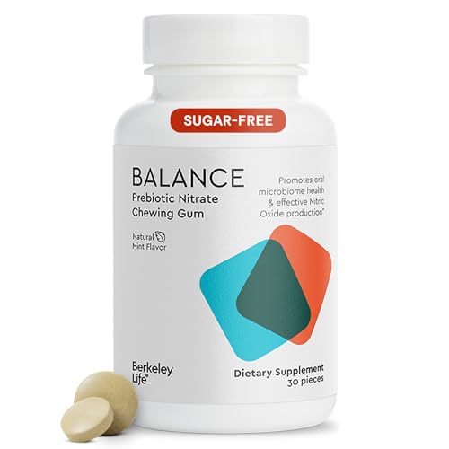 Berkeley Life Prebiotic Nitrate Mint Chewing Gum - Sugar-Free Chewing Gum Supports Nitric Oxide Production for Healthy Blood Pressure & Oral Microbiome Health - 30-Piece