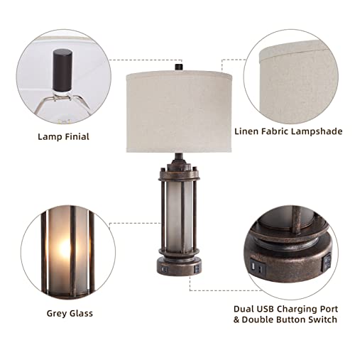 Set of 2 Farmhouse Lamps for Living Room, Rustic Vintage Bedroom Nightstand Table Lamp with 2 USB Charging Ports, Built-in Frosted Glass Night Light for End Table Entryway, 4 Bulbs Included (Bronze)