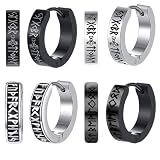 Wikinger Ohrringe Männer Edelstahl 4 Paar Nordischer Wikinger Hoop Ohrring Herren Klassische Creolen Ohrringe mit Runen Huggie Ohr Manschette Ohrringes Schwarz Silber mit Nordic Elder Runen (Set B)