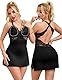 ohmydear Dessous Damen Sexy Unterwäsche Spitze Negligee Damen Sexy mit BH-Polster V Ausschnitt Nachthemd Curvy Nachtwäsche Babydoll Nachtkleid Schwarz