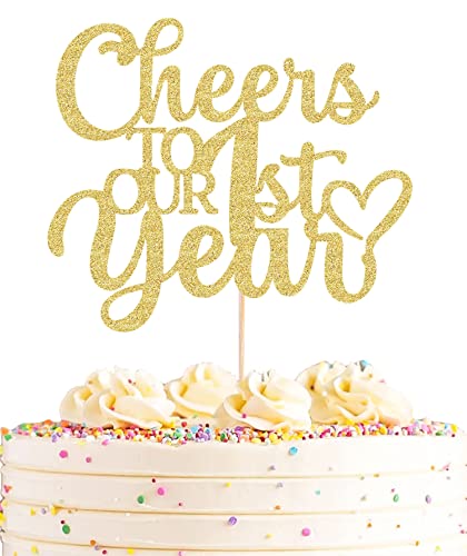 AHAORAY Cheers To Our 1st Year Cake Topper - Gold Glitter First Anniversary Cake Decorating Supplies, Perfect for Wedding/Company/Baby 1st Anniversary Party Photo Booth Props