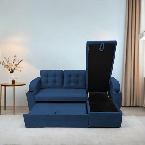 Image of Casaliving Grance RHS 4 Seater Corner Sofa Cum Bed for Living Room with Storage (Blue Fabric) Premium Fabric Sofa