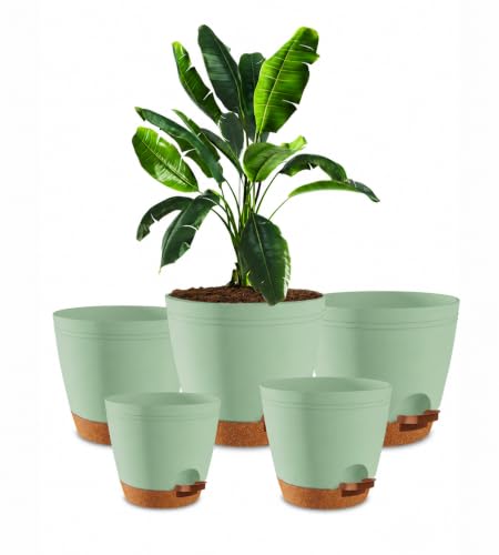 Utopia Home Self Watering Pots for Indoor Plants Planters for Indoor Plants Multi-Size Flowerpot Set of 5 Plant Pots with Drainage & Reservoir 6.8/6.4/5.9/5.5/4.9 (Olive Green)