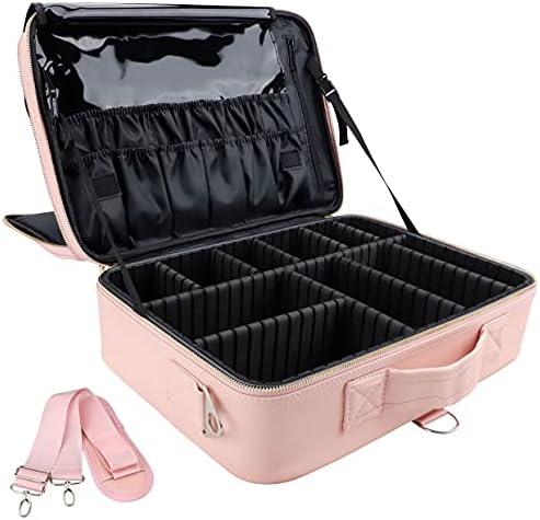JOURMON Makeup Case Travel Makeup Train Case Organizer Cosmetic Bag Portable with Adjustable Dividers and Shoulder Strap for Makeup Brushes Toiletry Travel Accessories(Pink, L)