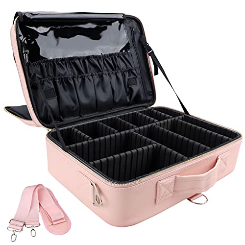 Jourmon Makeup Case Travel Makeup Train Case Organizer Cosmetic Bag Portable With Adjustable Dividers And Shoulder Strap For Makeup Brushes Toiletry Travel Accessories(Pink, L) #TOP2