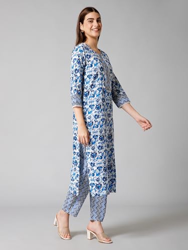 Image of Eight Colors Cotton Kurta Set with Pant for Women | Women Kurta Sets Kurtis | Women Kurta Pant Set | Women Kurta Pant Set Women Kurti Set with Pant (Neel)