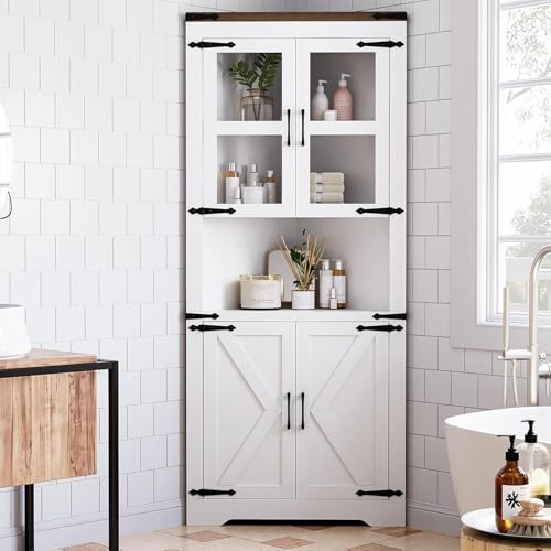 Garvee Tall Corner Cabinet, Farmhouse Corner Storage Cabinet with Glass Door & Adjustable Shelves, Space Saving Storage for Living Room, Kitchen, Bath