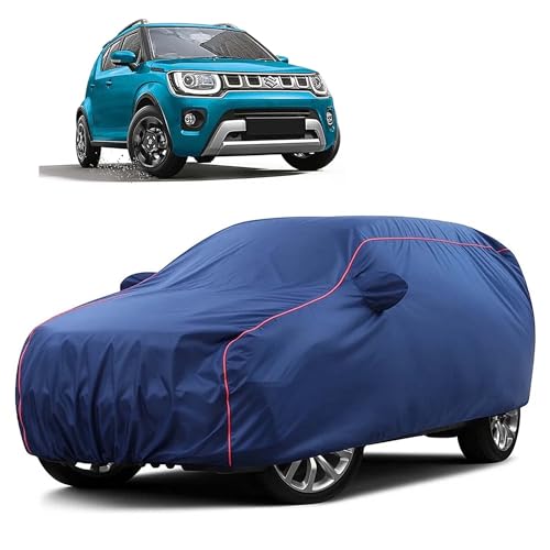 Image of Sulfar 100% Water Resistant Car Body Cover Compatible with Mirror for Maruti Suzuki Ignis (Triple Stitched, Full Bottom Elastic, Blue Taffeta with Red Piping)