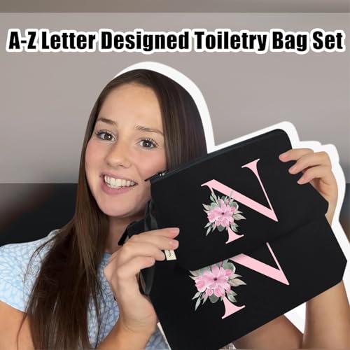 Image of Vavabox A-Z Personalized Makeup Bag, Birthday Gifts for Women Mom, Gifts for Best Friend, Bride Bridesmaid Cosmetic bag (N, 04-Black Set)