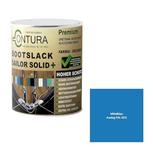 Contura Bootslack Farbig SEIDENMATT Yacht- Buntlack Metall Holz GFK Holzlack Boot Farblos (Mittelblau - RAL 5012 Analog, 500ml.)