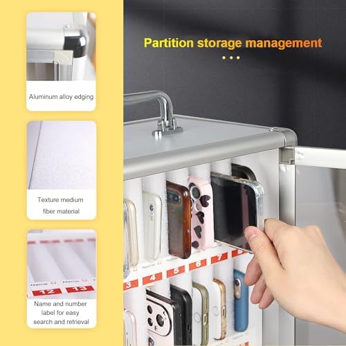 Lockable Cell Phone Storage Cabinet - Secure Jail Lock Box for Classroom, Office, Family Time & Parties - Mobile Phone Organizer with Handle (28x20x38cm)