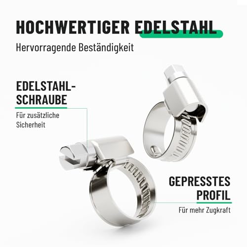 greate 10x Schlauchschellen Edelstahl 8-16 mm - Einstellbare Schlauchschelle mit 9 mm Bandbreite - Rohrschelle rostfrei - Schellen für Pool, Teich, Waschmaschine uvm - Schraubschellen Edelstahl 304
