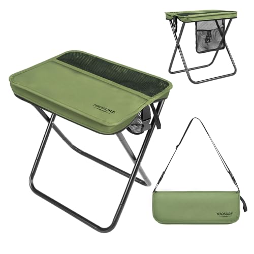 Image of 16 inch Extra Tall Portable Folding Stool for Adults, X-Large Collapsible Camping Chair with 3 Storage Pockets, Heavy Duty Travel Seat for Fishing, Hiking, Gardening