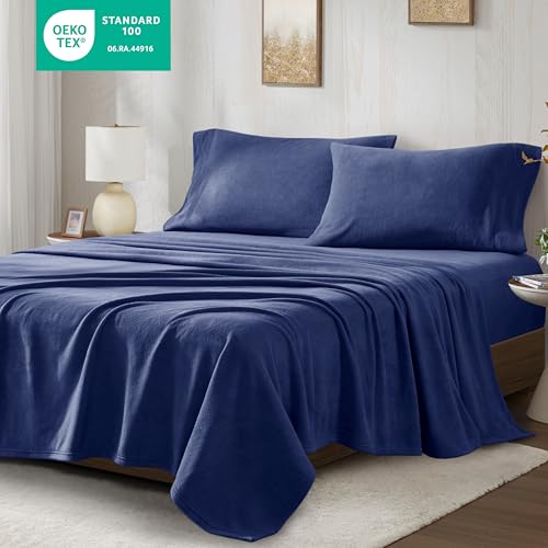 Image of True North by Sleep Philosophy Micro Fleece Bed Sheet Set, Warm, Sheets with 14 inch Deep Pocket, for Cold Season Cozy Sheet-Set, Matching Pillow Case, Cal King, Navy, 4 Piece
