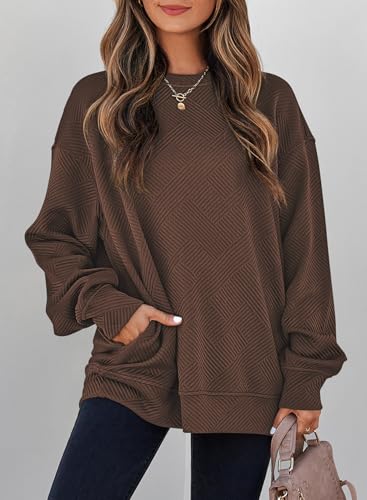 SHEWIN Womens Fall Fashion 2025 Long Sleeve Shirts Crewneck Loose Textured Tunic Tops Solid Pullover Sweatshirt With Pockets2