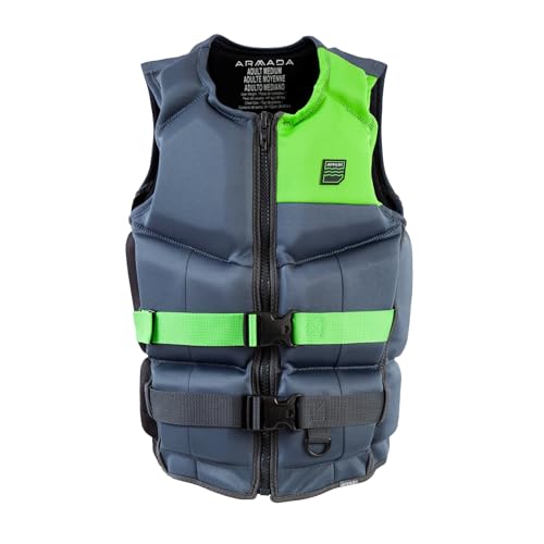 Jetpilot Armada Neoprene Life Jacket USCG Approved Type III PFD Aero-Jet Foam Super-Light Evoprene 19-Panel Flex Design Internal Dual Buckles (Grey-Lime Large)
