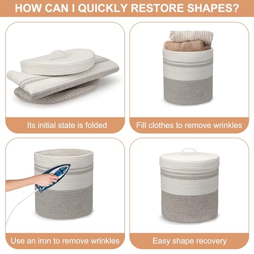 Goodheim Faltbarer Wäschekorb Klein mit Deckel, Wäschesammler - Wäschekörbe, Körbe Geflochten Baumwollkorb -Aufbewahrungskorb Kleiner Wäschekorb Kinderzimmer (35 x 42cm)