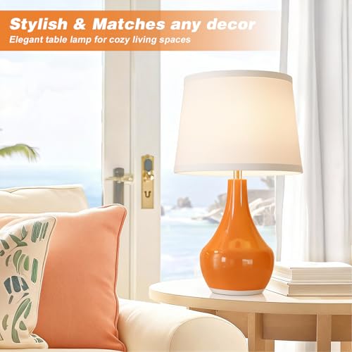 Seealle Modern Ceramic Table Lamps for Night Stands - Bedside Lamps Set of 2 for Nightstand,Orange Bedroom Lamp for Living Room Cute Desk End Table Office Guest Room Dresser Rocker Swtich - Image 2