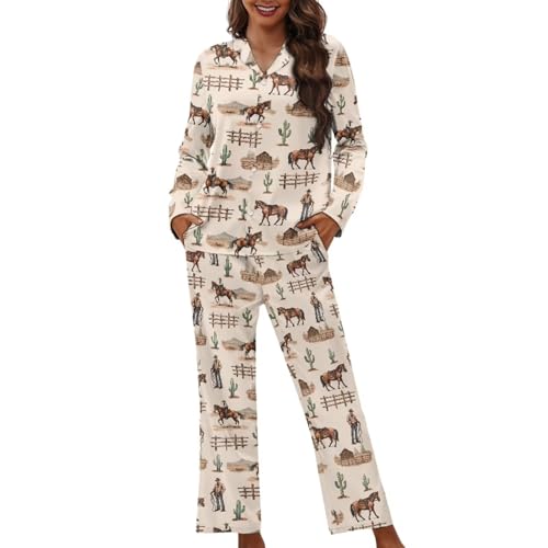 Pajamas for Women Set Long Sleeve Button Down Pajama Set Womens Button Up Top Pants