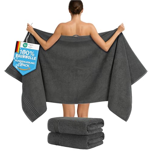 Hammetex Saunahandtücher 80x200 cm 2er Set – Extra Große Duschtücher – 100% Baumwolle Frottier – Oeko-TEX Zertifiziert – Weich, Saugstark – mit Aufhänger, Anthrazit