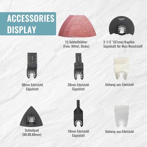 Akku Multifunktionswerkzeug, Ersetzen für Makita,mit 2 x 3000mAh Akku, 21 tlg Zubehör Variable Geschwindigkeit und 4° Oszillationswinkel 18V Bürstenmotor Oszillierend – Bild 7