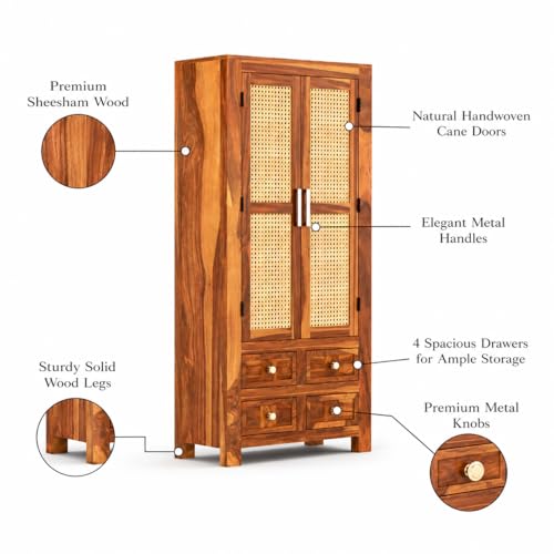 Image of PS DECOR Solid Sheesham Wood Book Shelf Cabinet with Cane Rattan Doors & 4 Drawers | Modern Wooden Bookshelf Storage Unit for Home Library, Living Room & Office (Honey Finish)