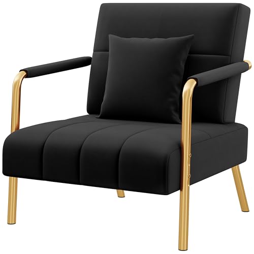 Yaheetech 30 W Accent Chair Velvet Oversized Armchair Living Room Chair with Golden Frame & Cozy Pillow for Living Room Bedroom Office Black