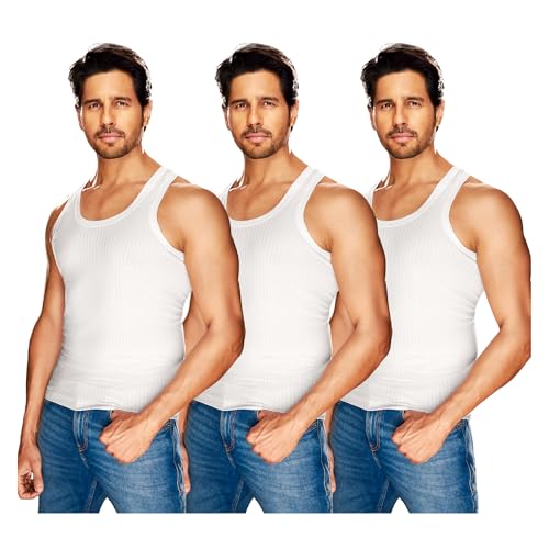 Image of Macho SPORTO Men's 100% Ribbed Cotton Sleeveless Vest | Solid Round Neck Tank Top Innerwear | Itch-Free, Soft & Comfortable Regular Fit Undershirt | Parka Vest | Pack of 3 White