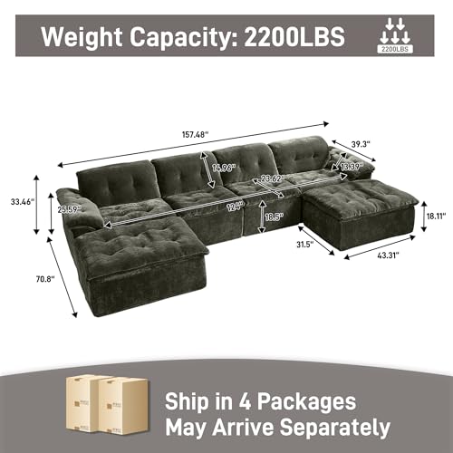 Image of 157 inch Oversized U Shaped Sectional Cloud Couch, Large Modern Cloud Sectional Couch with Ottoman, Chenille 6 Seat Sofa Set, Modular Sectional Sofa for Living Room, No Assembly Required, Green