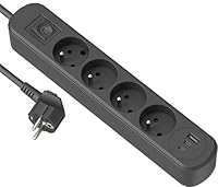 Electraline 35621 Prima Steckdosenleiste mit 4 Steckdosen, 16 A + 3 USB (1 USB A + 2 USB C PD20 W) mit Schalter, Kabel 1,5 m, Schwarz