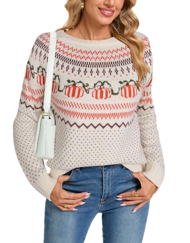 Image of Womens Fair Isle Sweaters Long Sleeve Crewneck Fall Winter Pullover Sweater