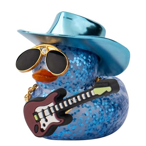 wonuu Car Decorations Laser Cowboy Hat Rubber Ducks, Dashboard Rubber Ducky for Car Ornament Cute Duck with Hat, Glasses, Necklace, Guitar (Glitter Blue)