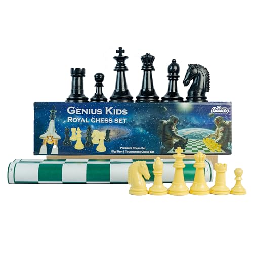 Image of International Tournament Chess Set | 17x 17 inch Mat |3X Weighted Chess Pieces with Velvet Base | 1.5Kg Premium Plastic Chessmen | Big Size | Roll-Up Green Vinyl Board | 100% Virgin Plastic