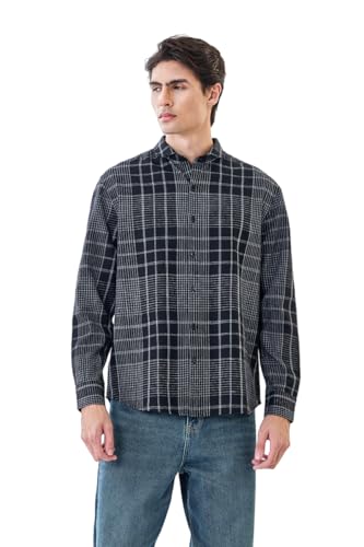 Image of SNITCH Men Casual Shirt | Regular Fit Full Sleeve Mandarin Collar Check Pattern | Cotton Linen Blend & Breathable Fabric for Office & Everyday Wear
