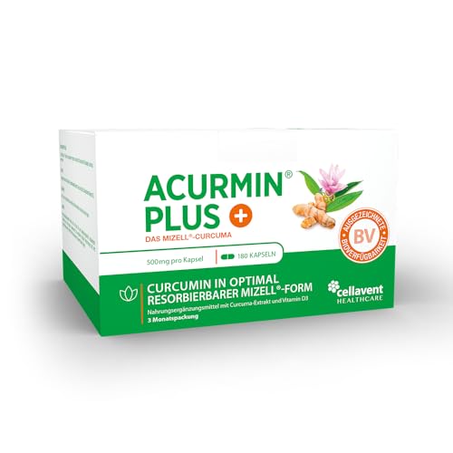185x effektivere Kurkuma Kapseln - 10.000 mg Kurkuma Pulver/Tag - Kurkuma hochdosiert ohne Piperin - Mizell Curcuma - 95% Curcumin - mit Vitamin D3 für Knochen - Acurmin PLUS, 180 Kapseln