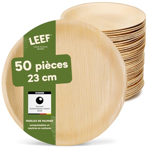 Leef® assiette jetable en palmier [50 pcs ⌀ 23cm] assiette barbecue comme décoration...