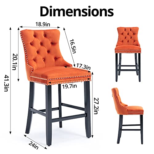 I-Pook Counter Height Bar Stools Set Of 2, Velvet Upholstered Barstools With Button Tufted, Nailheads Trim And Solid Wood Legs, Full Back Bar Chairs For Kitchen Island Dining Room Pub Cafe, Orange #TOP1