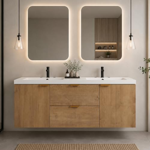 fatani 60 Inch Floating Bathroom Vanity with Double Sink, Wall-Mounted