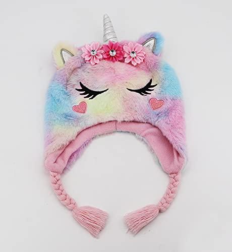 Kids Little Girls Unicorn Beanie Winter Hat Rainbow Faux Fur Plush Fleece Lined Earflap Cap3
