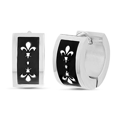 Steve Madden Stainless Steel Black Fleur De Lis Huggie Hoop Earrings for Men