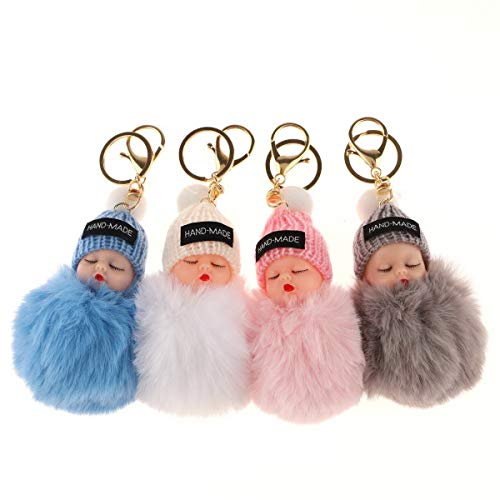 Ukerdo Mullido Dormido Bebé Muñeca Llavero Pompón Mujer Coche Metal Billetera Mochila Colgante - 4 PCS Cover