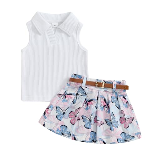 NANCHNEGGU 3PCS Baby Girls Lapel Sleeveless Ribbed Knitted Vest + Floral A-line Pleated Skirt + PU Belt Outfits Sets (White Blue, 12-18 Months)