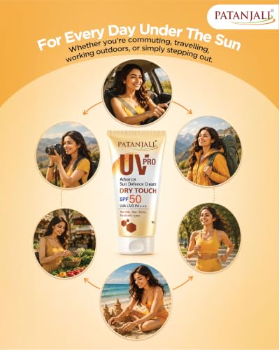 Image of Patanjali UV Pro Advance Sun Defence Cream SPF 50 PA+++50g, Dry Touch, Non-Oily, Non-Sticky Sunscreen for All Skin Types, Ayurvedic Sunblock, Broad Spectrum UVA /UVB Protection Pack of 1